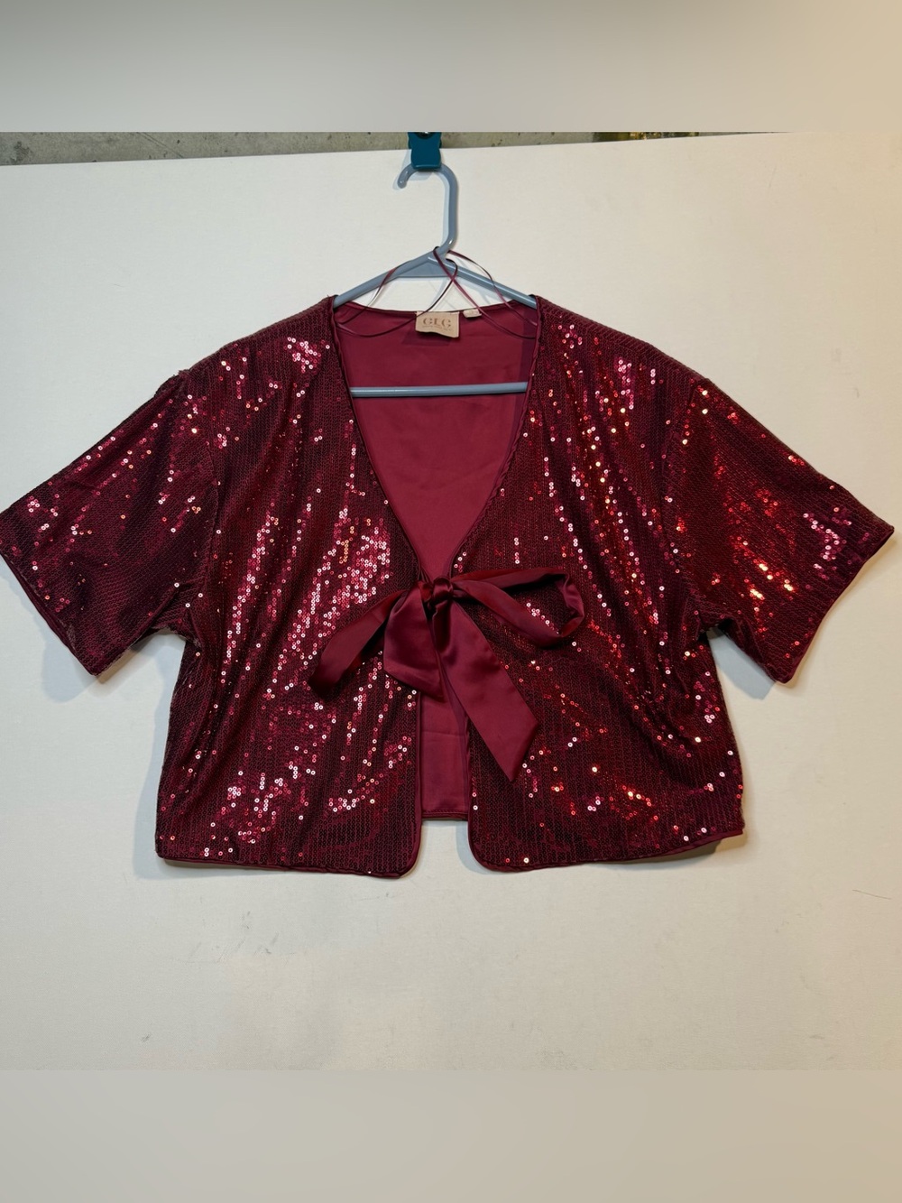 Good Luck Gem Burgundy Sequin Tie-Front Crop Jacket